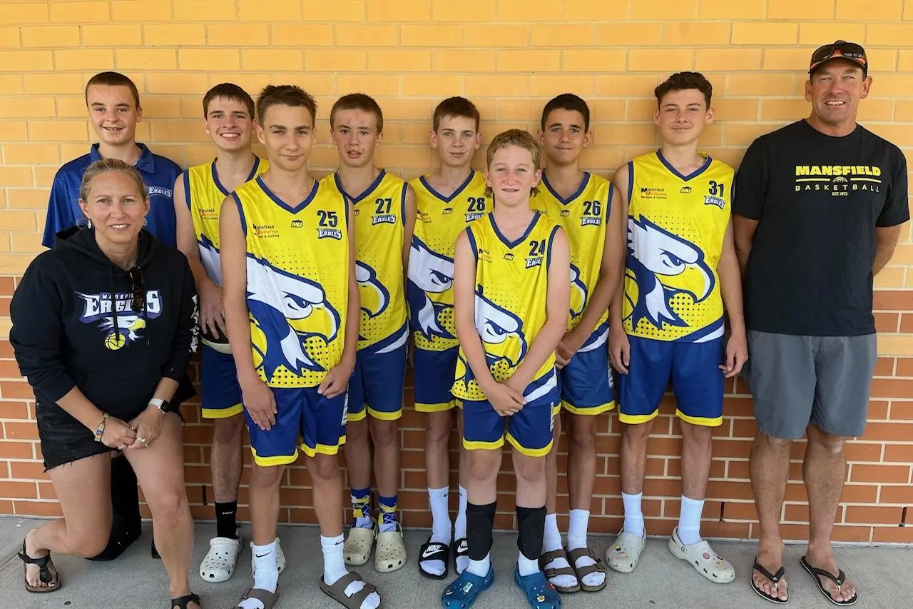 U16 BOYS BLUE: Pictured (from left) Sam Hough, Mandy Kynnersley (coach), James Wellborne, Noah Langlands, Judd Turner, Sam Kynnersley, Gus Robinson, Taj Kynnersley, Isaac Crowe and Brad Kynnersley (assistant coach).
