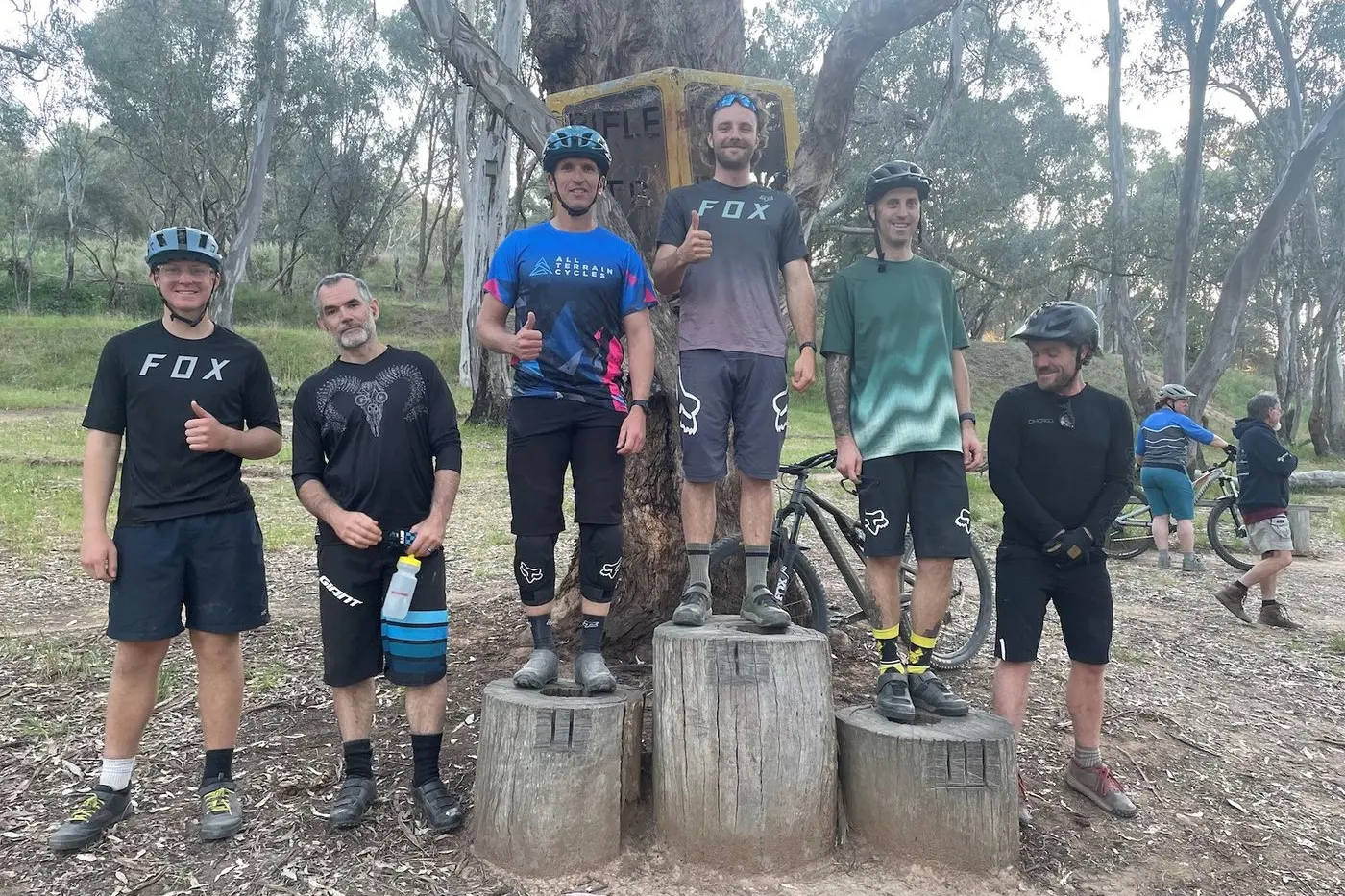 THE GRAVITY ENDURO PODIUM: (from left) Spencer Carmen, Cam Dobson, Ant Bateup, Matt Empey, Luke Vivash and Dan Friday. PHOTO: Kate Stonnill