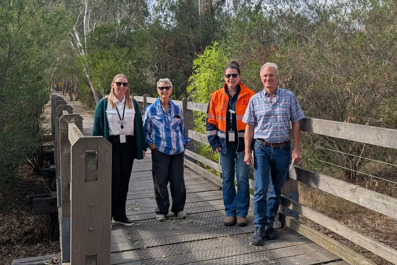 MULLUM WETLANDS WALK:  (from left) Melissa Reed - shire Coordinator for Waste & Environment, Sarah Stegley AM, Kylie Russel - shire Environment and Sustainability Officer and John Owen came together to discuss the ongoing care of the Mullum Wetlands.