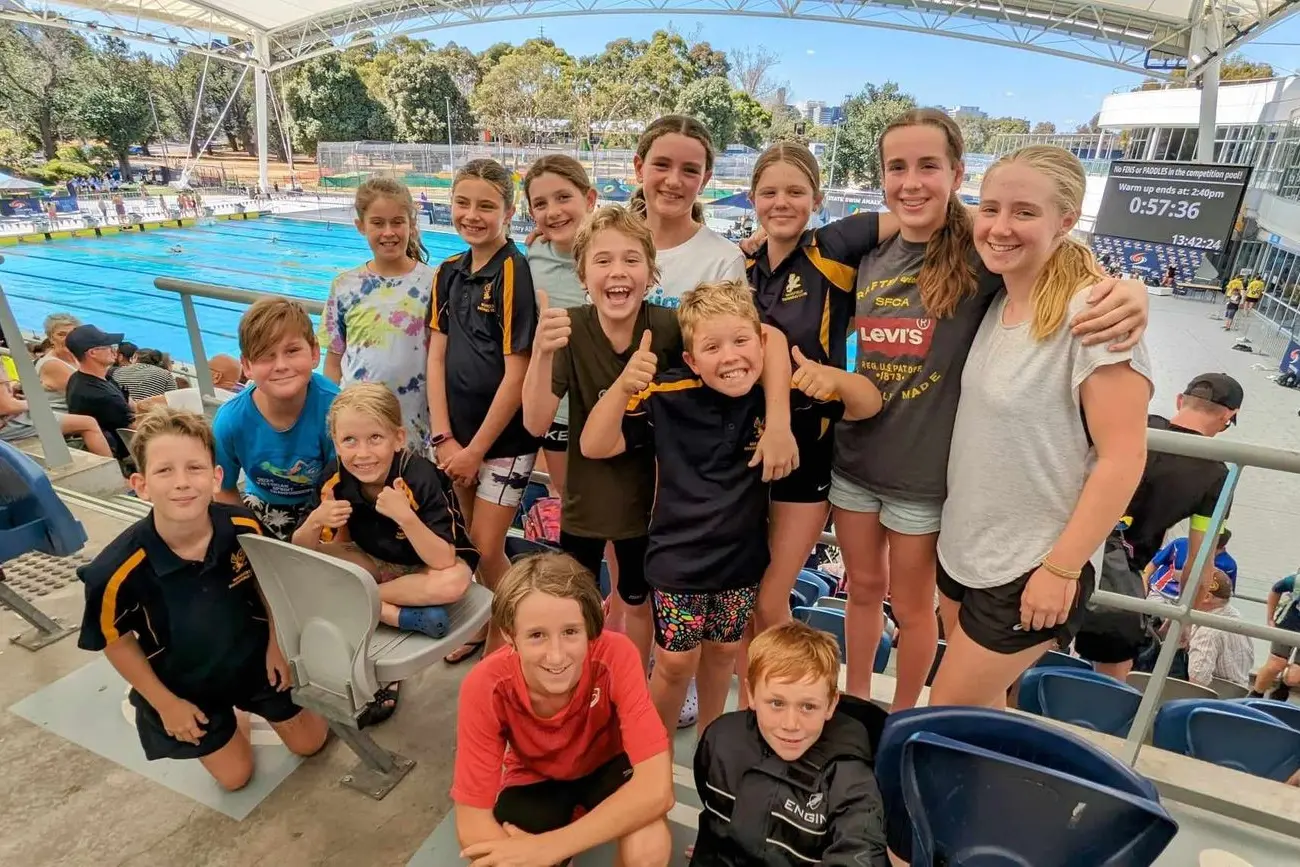 SWIM CHAMPS: Representing Mansfield at the Country All Juniors Callum Logan Williams (from left front), Edward Creighton, Harvey Knight (from left second row) Simon Zuzaniak, Vivian Knight, Grace Mitchell (from left back row), Paris Hopwood, Heidi Setchell, Haim Wolfe, Levi Seaton, Lara Seaton, Keziah Wolfe and Annella Logan Willams. Missing from team photo Frankie Zali, Levi McCoombe, Addison and Zac Borg, Rowena Creighton and Joshua McGuigan. PHOTO: Helen Knight\\n