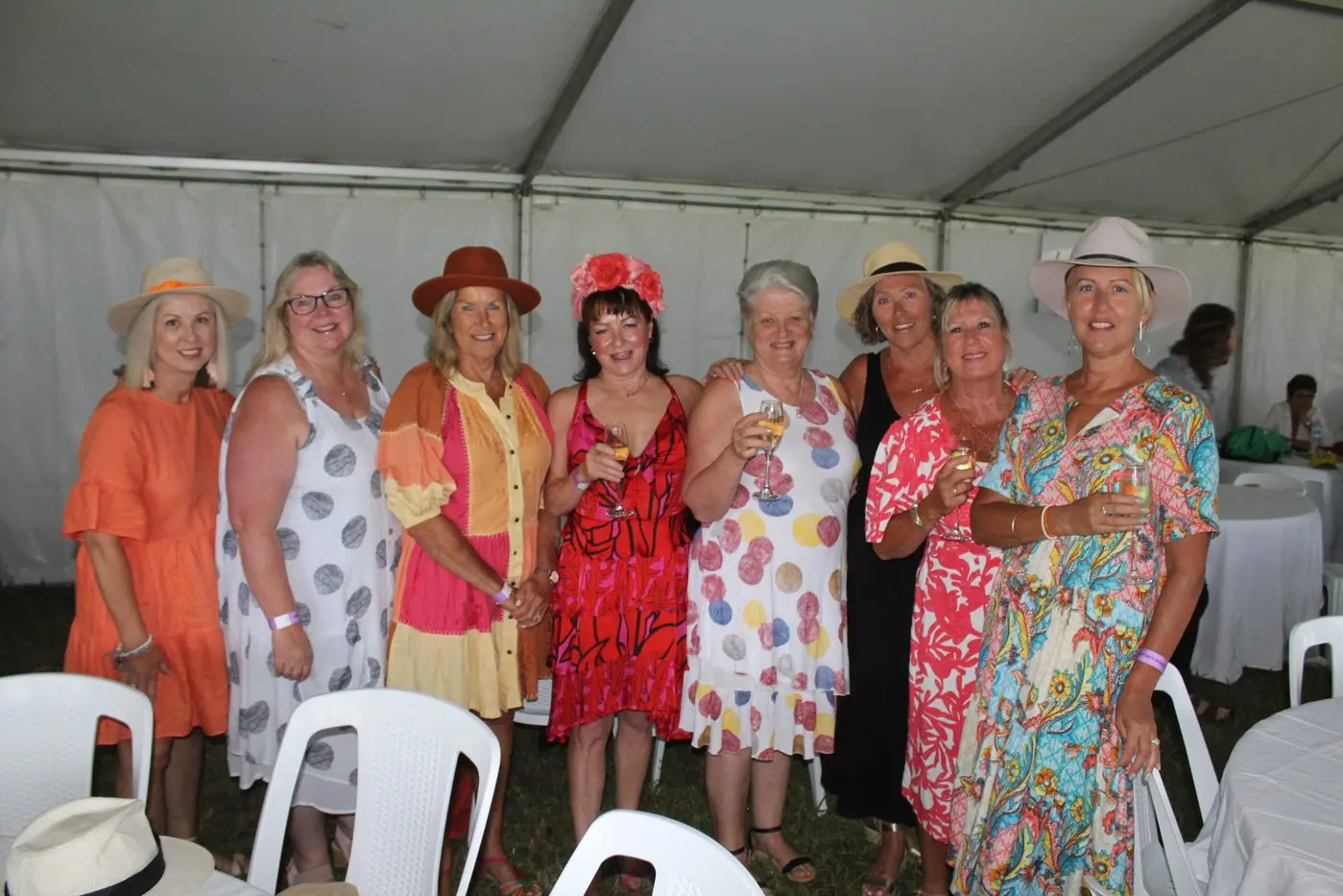 THE GIRLS FROM GOUGHS: (From left) Donna Beve, Susan Belmore, Judy Campell, Mia Medwin, Liz Vrancic, Cathy Doulgeris, Kerry Goodrem and Monica Schnell all came from Goughs Bay to enjoy the races. PHOTOs: Samuel O\\'Brien