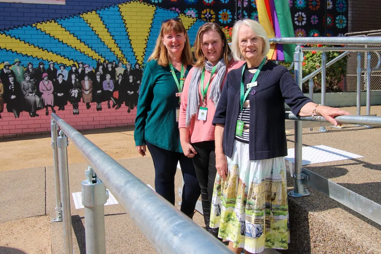 <p>Project team: CWA members Fiona Greenway (left), Jo O\\'Brien and Ruth Rowlands (absent Felicity Hayward) showing off the new work which includes the ramp and mural behind. Photo: Lynn Elder Id:39718</p>\\n
