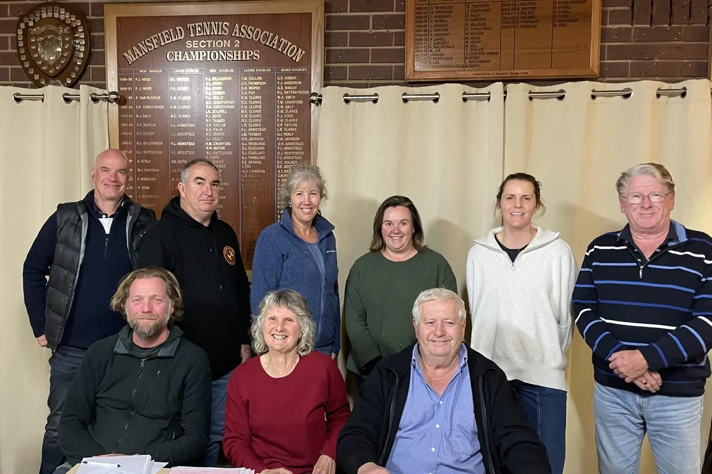 NEW MANSFIELD TENNIS ASSOCIATION COMMITTEE: Back Row (from left) Tim Ross, Brendan Grant, Jenny Bell, Jo O\\u2019Brien, Alice Kilpatrick and Robert Williams. \\nFront (from left) Nick Ferguson, Rhonda Carpenter, Bob Carpenter taken by Liam Delany (Absent elected members were Brendan and Jemma Purcell and Liza Karras). PHOTO: Supplied