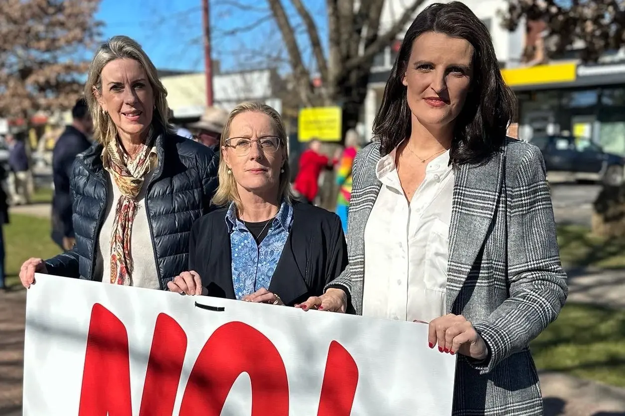OPPOSITION CONCERNED: Shadow Health Minister Georgie Crozier with Member for Eildon Cindy Mcleish and Member for Euroa Annabelle Cleeland in Mansfield at the 2024 rally opposing hospital amalgamations.