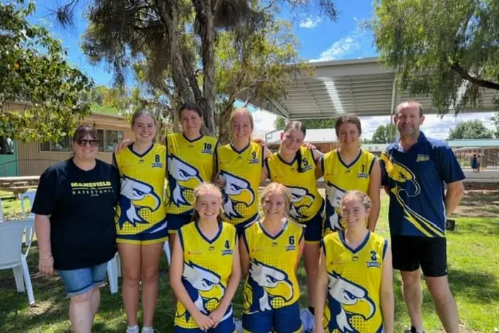 NOMINATED: (From left, back) team manager Lisa Judge, Tilly Thornton, Jess Dolling, Jaspa Robinson, Molly Judge, Isabelle Byrne, coach Andrew Murray, (front) Demi Murray, Stella Brackels and Bri Weight.