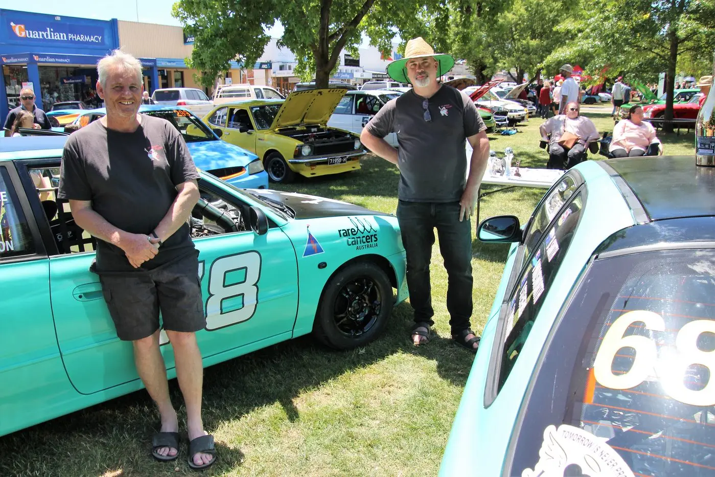 HY UNDIES RULE: Drivers Paul Allen (left) and Stuart Wadsworth showing off their Hyundai racers. PHOTOS: Lynn Elder Id:34925