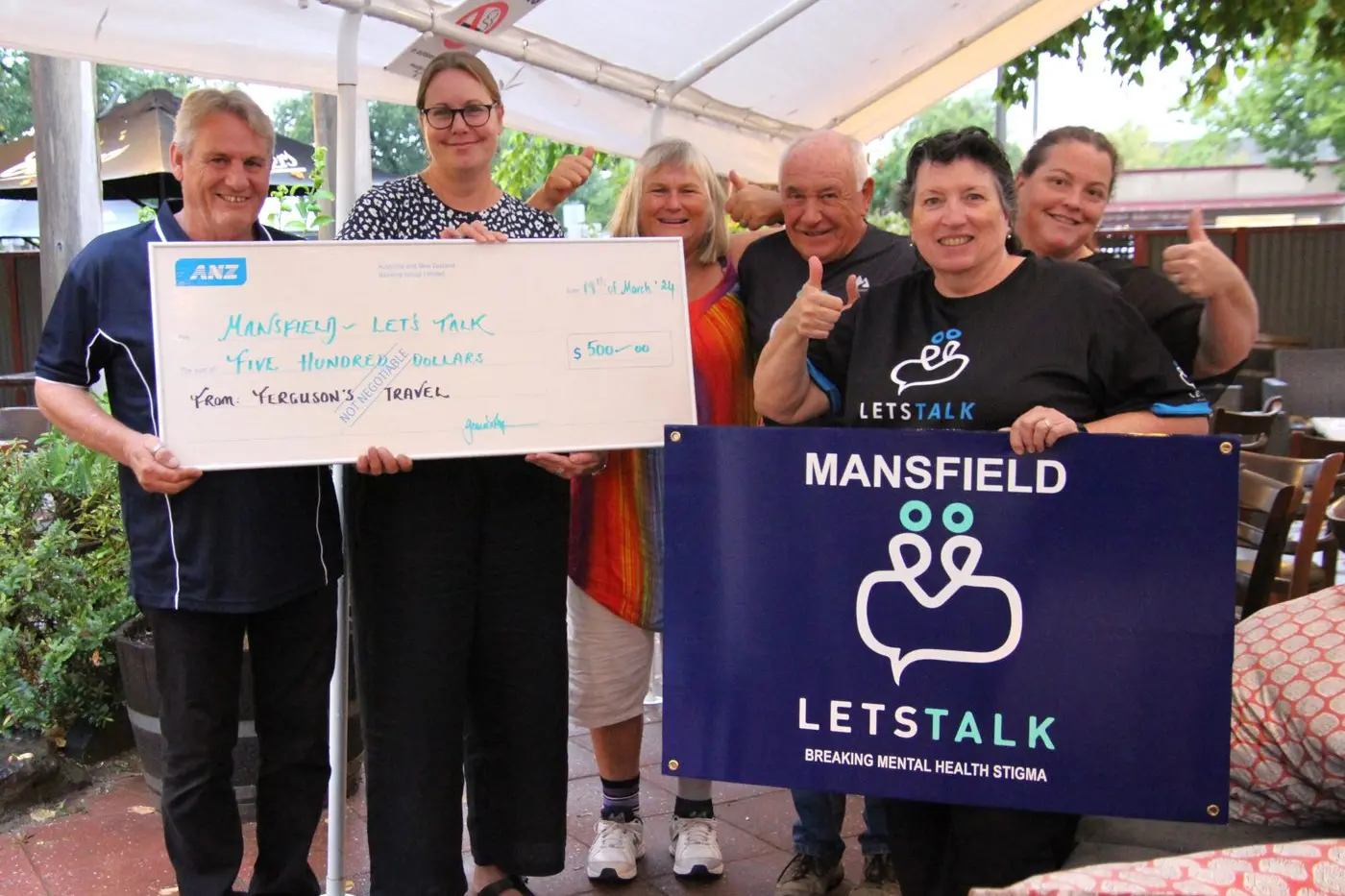 CHEQUE PRESENTATION: A recent donation of $500 from Gemma Ferguson Travel received the thumbs up from Let\\'s Talk members.  Pictured (from left) Paul Allen, Gemma Ferguson, Deb Mims, Andy Barltrop, Michele Padbury and Michelle Tremellen. PHOTO: Lynn Elder