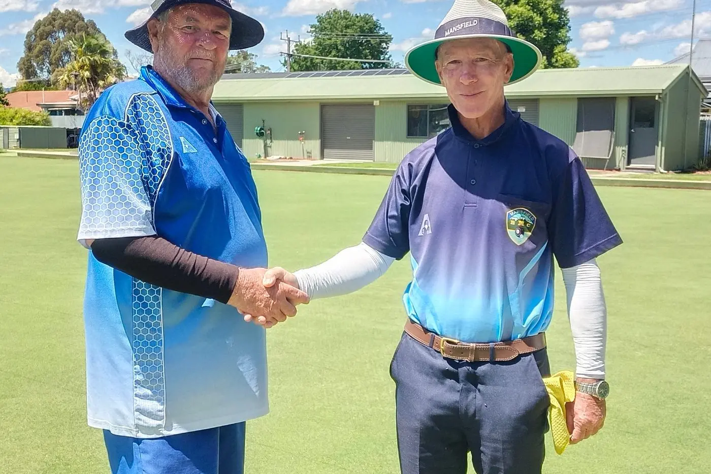 2024 MANSFIELD BOWLS CLUB CHAMPION: (from left) Shane O\\u2019Brien congratulates John Foots on being the 2024 bowls club champion. PHOTO: Supplied