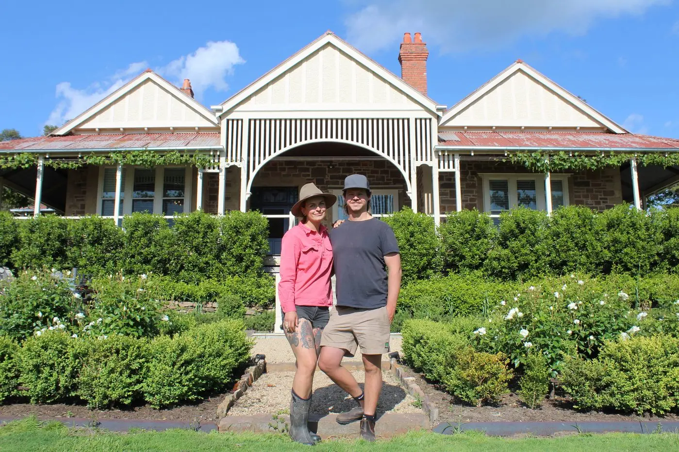 GLENROY HOMESTEAD: Rebecca Sanderson and Pat Arundel at the entrance to the five bedroom stately home, located at the foot of the Glenroy Hills just ten minutes from Mansfield towards Mt Buller.