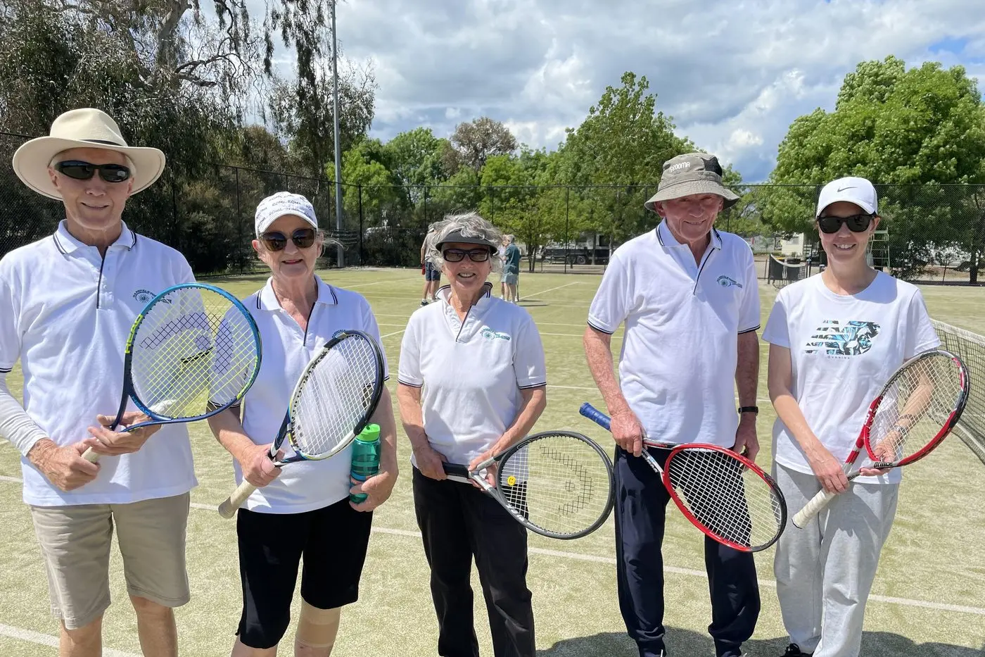 WE\\u2019RE AT WIMBLEDON: Wednesday social players (from left) Les Kerr, Susie Treacy, Rhonda Carpenter, David Lean and Catherine Scott. PHOTO: Di Bergelin 