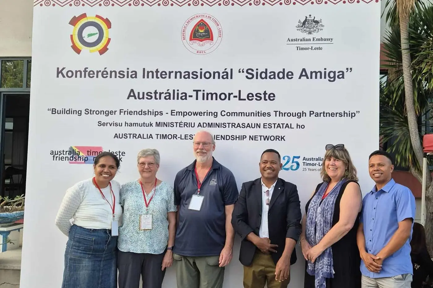 ACROSS THE SEA: Friends of Venilale and Friends of Mansfield united at the recent friendship groups\\' conference in Dili, Timor-Leste -Candida Belo (left),  Anne Foster, David Foster, sub-district posto administrator in Venilale Jose Boavida Guterres, Lynn Elder and Joni Sarmento. PHOTO: Supplied