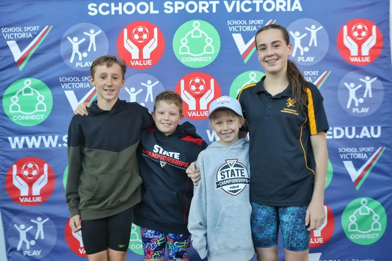INDIVIDUAL EVENT SWIMMERS: From left, \\nCallum Logan-Williams (boys 12-13yo 50m breaststroke - Mansfield Steiner School), Levi Seaton (boys 9-10yo 50m butterfly - Mansfield Steiner School), Vivian Knight (girls 9-10yo 50m butterfly - Mansfield Primary School) ad Kezi Wolfe (girls 12-13yo 50m butterfly - Mansfield Secondary College).\\n\\nPHOTO: Hamish Blair Photography\\n