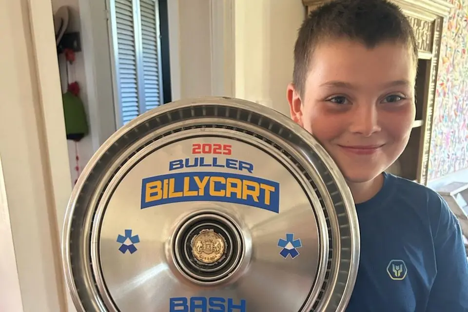THAT\\'S A BIG TROPHY: Nine-year-old Griff Scott Barber secured the title of Junior Winner in the Buller Billycart Bash.