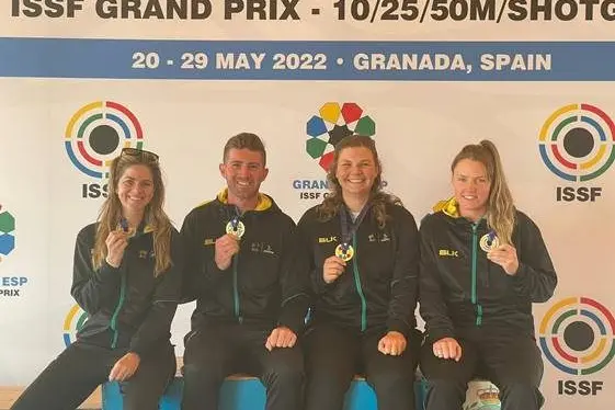 MEDALS ALL ROUND: Mansfield\\'s own Catherine Skinner won gold for Shotgun at the ISSF Grand Prix in Granada, Spain. Pictured (from left)  Laetisha Scanlan, Thomas Grice, Catherine Skinner and Penny Smith. Id:25258