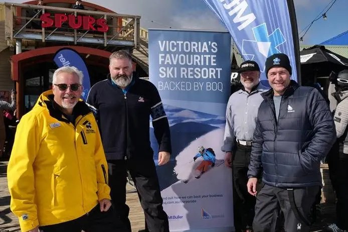 ENJOYING SPRING: Having a good time on the deck at Spurs were (from left)  BSL General Manager Noel Landry, Chief Operating Office Nick Whitby, Mountain Manager Nick Reeves and BOQ Head of Corporate & Business Banking Simon Davies. PHOTO: Mt Buller Id:30586