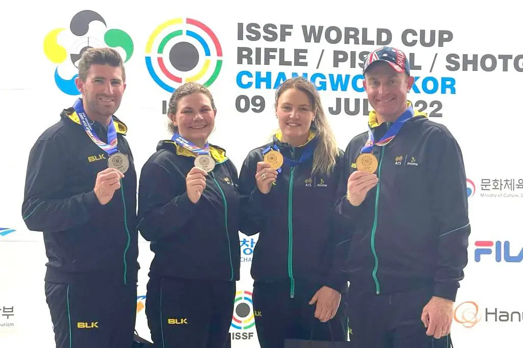 DUAL AUSSIE WINNERS: (from left) The team of Thomas Grice and Mansfield\\'s Catherine Skinner won silver at the recent Trap Mixed Teams World Cup event, while fellow Aussies Penny Smith and James Willett won the gold. Id:28003