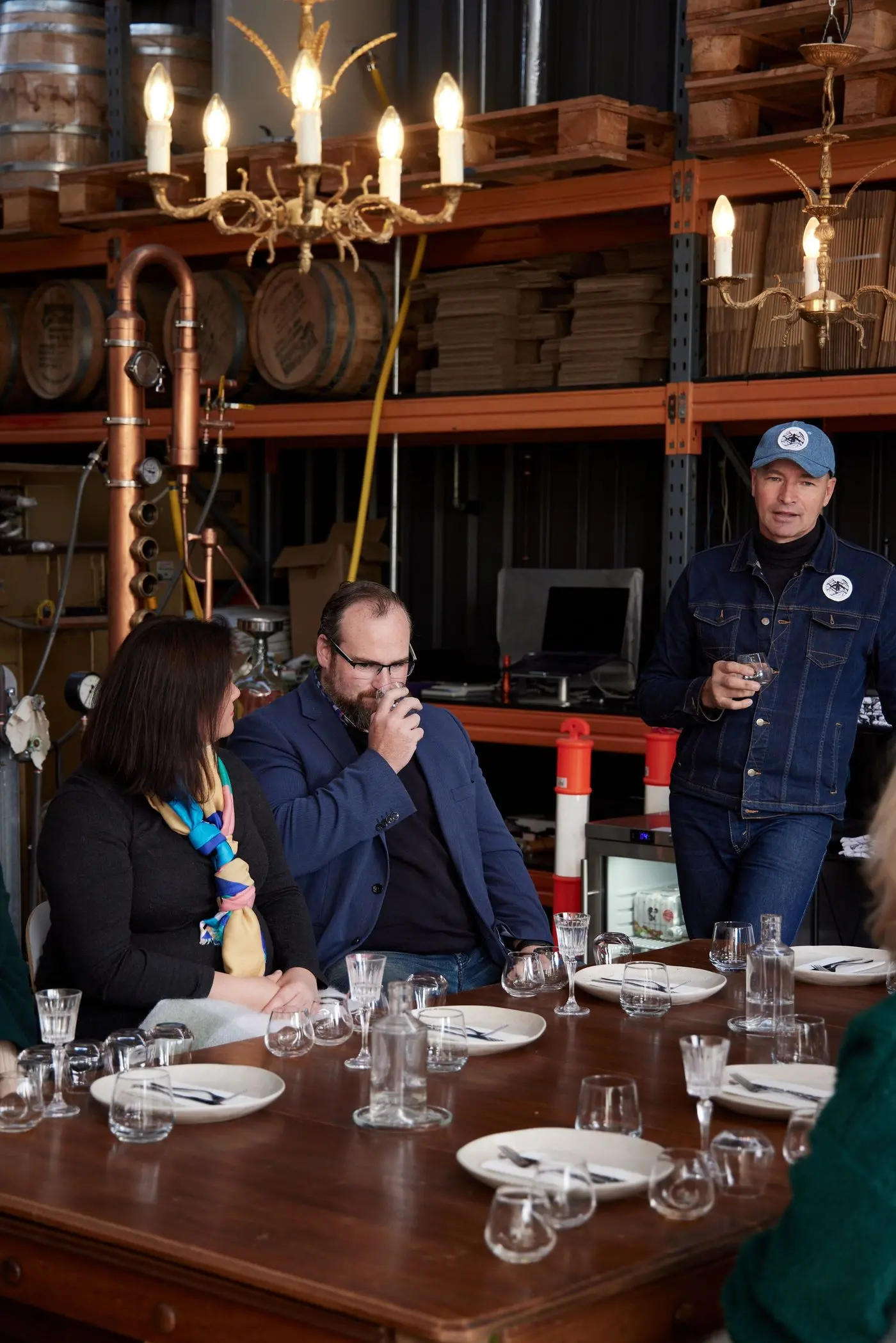 TASTING: Danielle Dalmau and Cr Rohan Webb, a self\\u2013proclaimed whiskey enthusiast, taste Swiftcrest Distillery\\'s whiskey, with owner and distiller, Hank Thierry.   The whiskey is in still in the process of being aged, with a release date yet to be confirmed. PHOTO: Tasha Tylee Id:41793