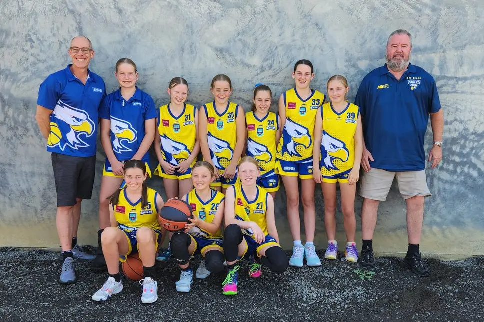 (From back, left) Glenn Thornton, Alice Rademaker, Lara Harrop, Macey Thornton,  Sophie Snell, Georgia Crowe, Ari Turner, and Jason Campbell with (from front) Matilda Mills, Edie Gardner and Paige Gridley.\\n