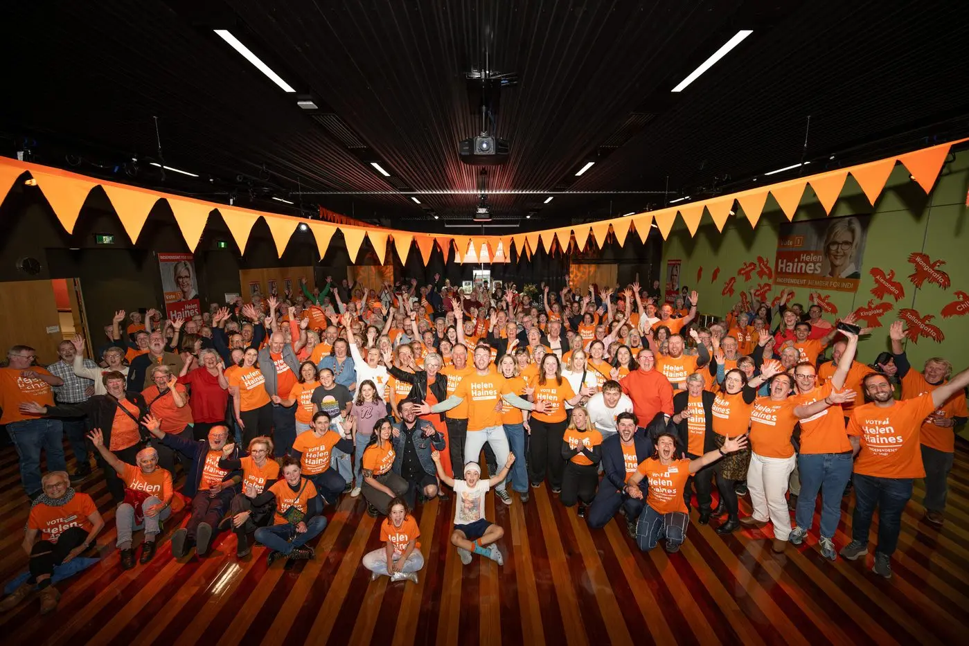 THE CELEBRATION: Helen Haines stands among cheering supporters at her election night party in Wangaratta, after securing the seat of Indi for a third term at Saturday\\u2019s federal election. PHOTO: Supplied