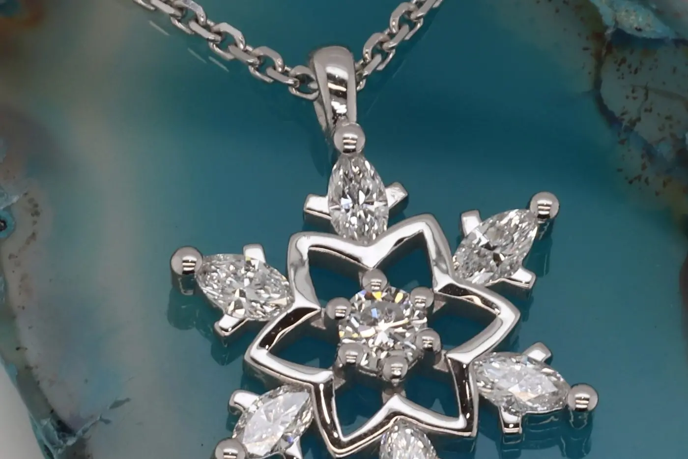 LET IT SNOW: This 9ct gold snowflake pendant features a delicate mix of marquise and round lab-grown diamonds, catching the light from every angle. Designed and crafted by Angela Cunningham Jewellery.