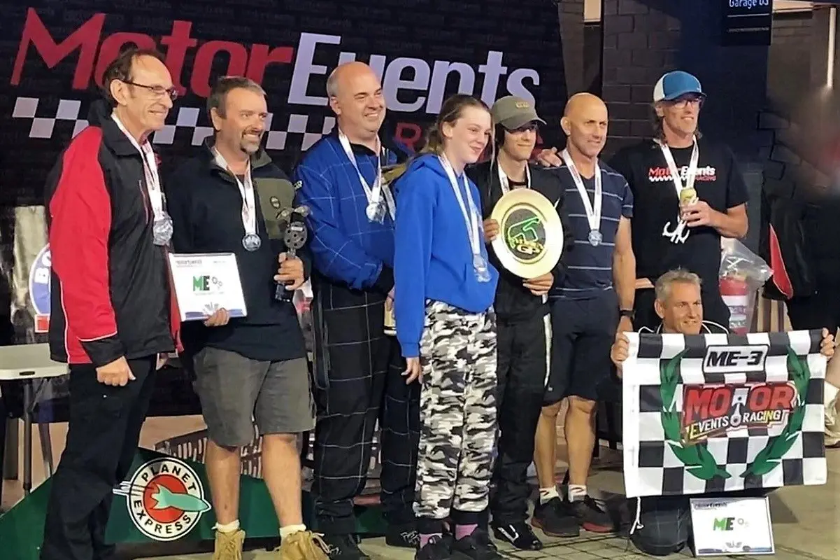 TEAM EFFORT: Hy Undies\\' drivers celebrating their 1 \\u2013 2 win, John Ford (left), Brett Smith, Stuart Wadsworth, Mia Wadsworth, Aaron Trecento, Steve Ward, Kit Rundle and Paul Allen (kneeling). Photo supplied. Id:39776