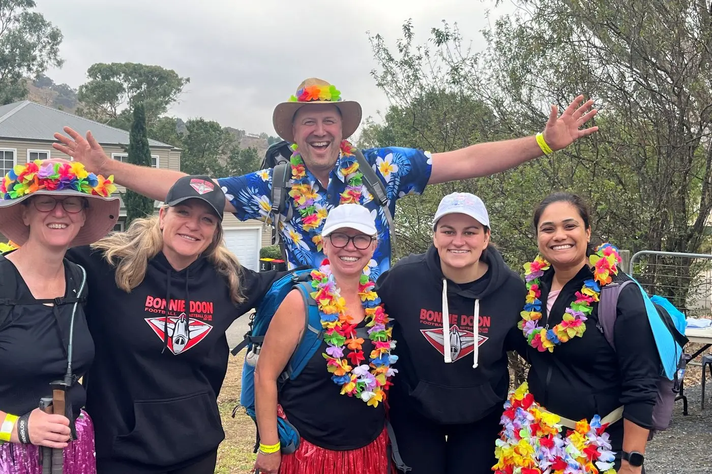 ALL FOR A GOOD CAUSE: The team from Bree\\'s Hiking Buddies at the Bonnie Doon recharge stop with volunteers from the Bonnie Doon Football Netball Club, pictured are Bree Mackey, Michelle Tanner, Tina Martuccio, Cass Turner, Anvita Bansal with Aaron Brown (behind).\\n