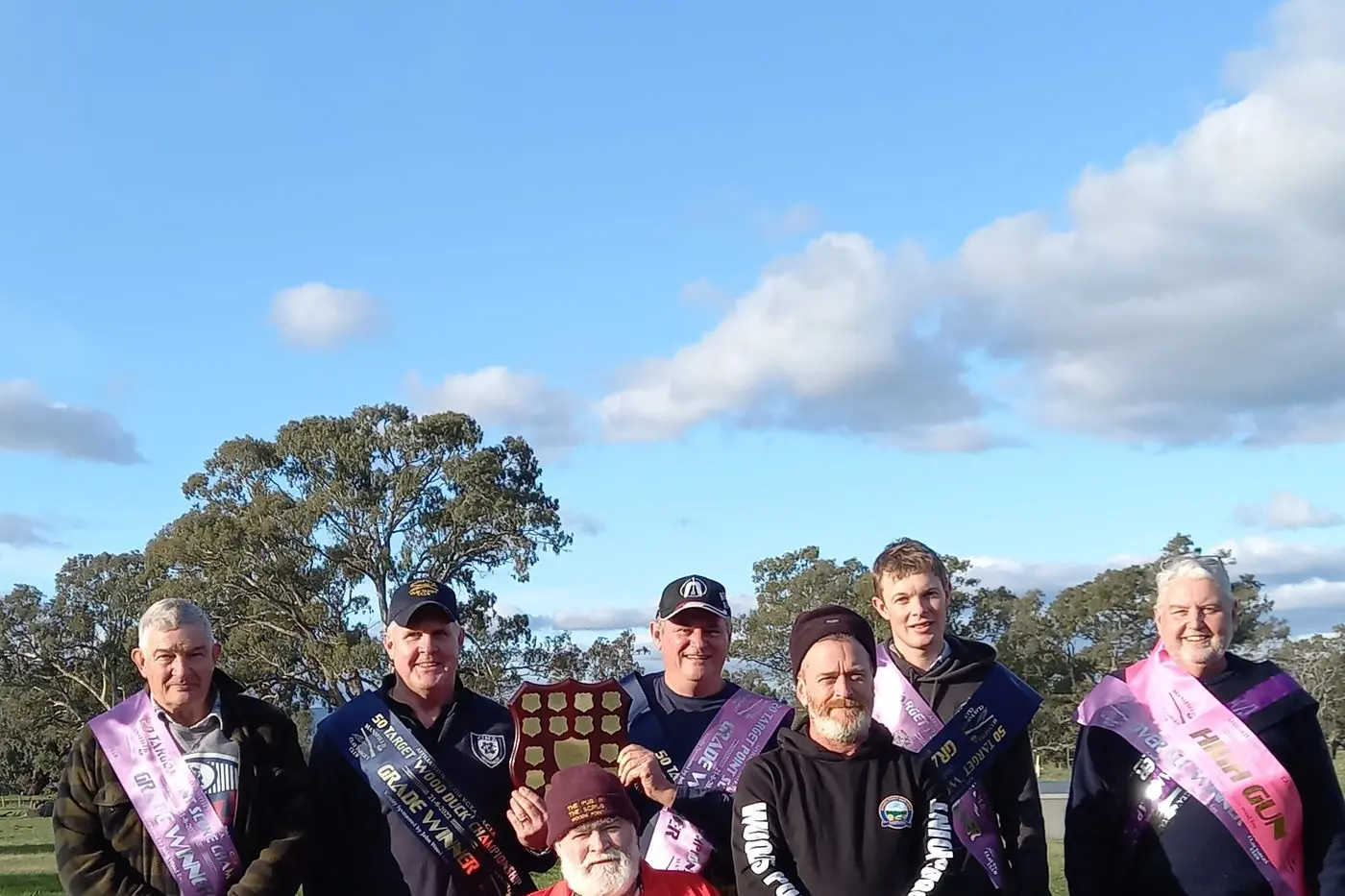 WOODS POINT SHIELD: (Back, from left) Jim West (Mt Bogong), John Winters (Mansfield), Marty McLachlan (Mansfield), Ben Challen (Mansfield), Phil Matthews Boarder (CTC). (Front, from left) sponsors John Wood and Shawn Wood. Id:30051