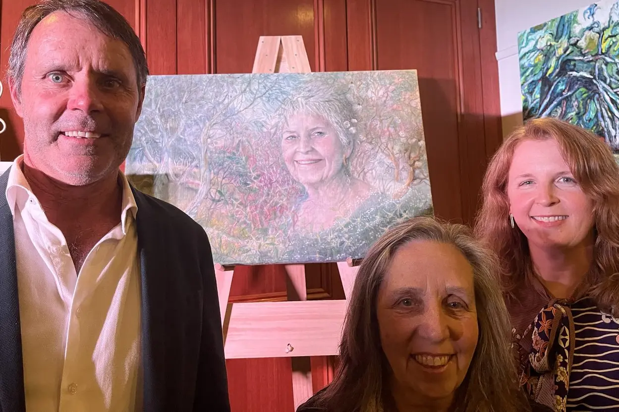 TAKING OUT FIRST: Winner of the Adult section of the 2022 Three Faces Portrait Art Prize, Jenny Gibney with her painting of Collen Reynolds and judges, Cr James Tehan and Shepparton Art Gallery Senior Curator Shelley McSpedden.