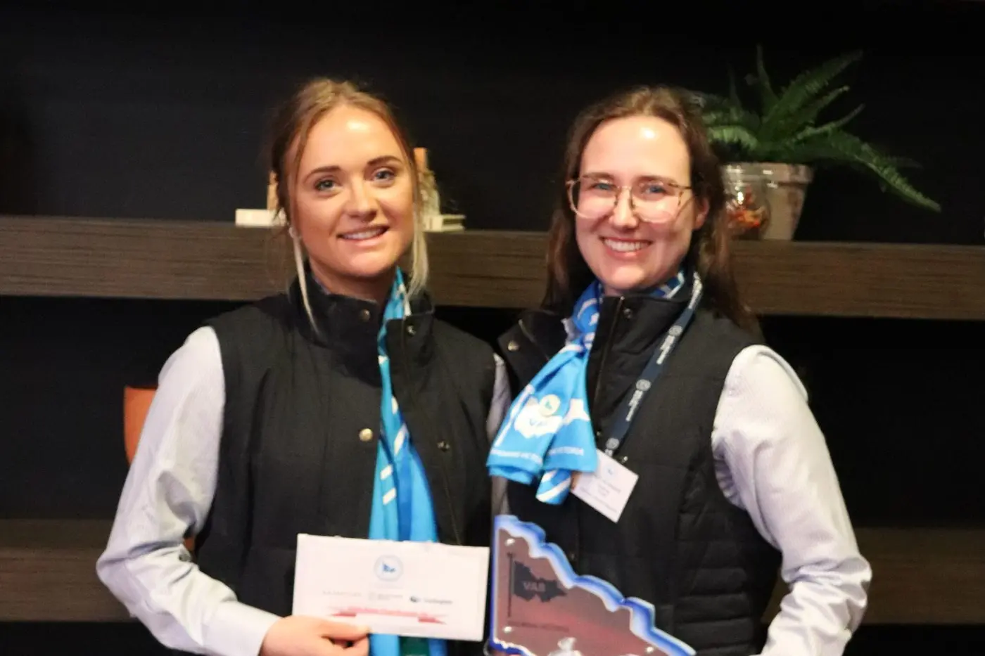 WINNING SMILES: Mansfield\\'s Nicci Teitge (left) was runner up and Caitlin Grieve the winner of the state Rural Ambassadors\\' award announced at this year\\'s Melbourne Royal Show. PHOTO: Chloe Bowles