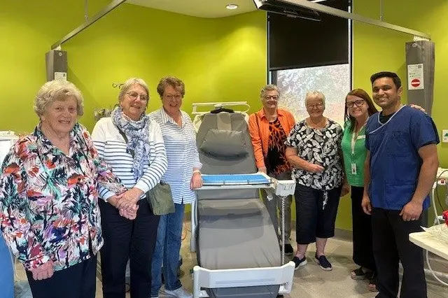 NEW CHAIRS: Acting CEO Michelle Spence and Dialysis nurse Arun Prabhakar with Auxiliary members\\n(from left) Norma Pearce, Francoise Fleurus, Kathy Irvin, Jan Stone, and Val Doyle.\\n