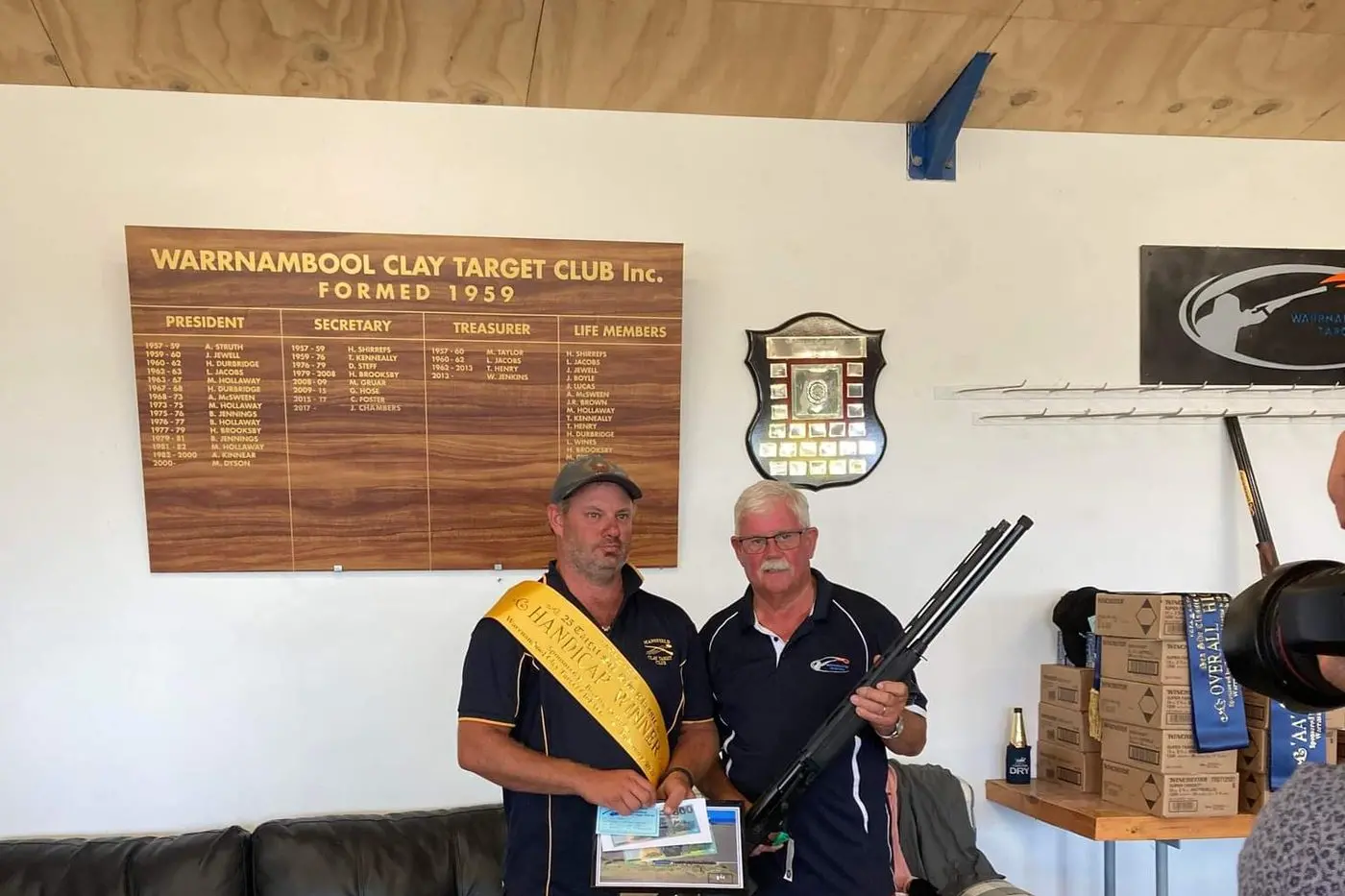 WINNER: Jason Foster (left) receiving first place at the Warrnambool Seaside Carnival, presented by Mal Dyson. Id:20823