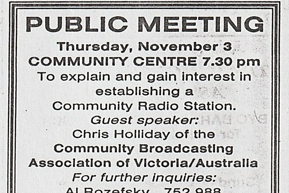 EARLY BEGINNINGS: The original public notice in the Mansfield Courier calling for interest in forming a community radio station. PHOTOS: Supplied