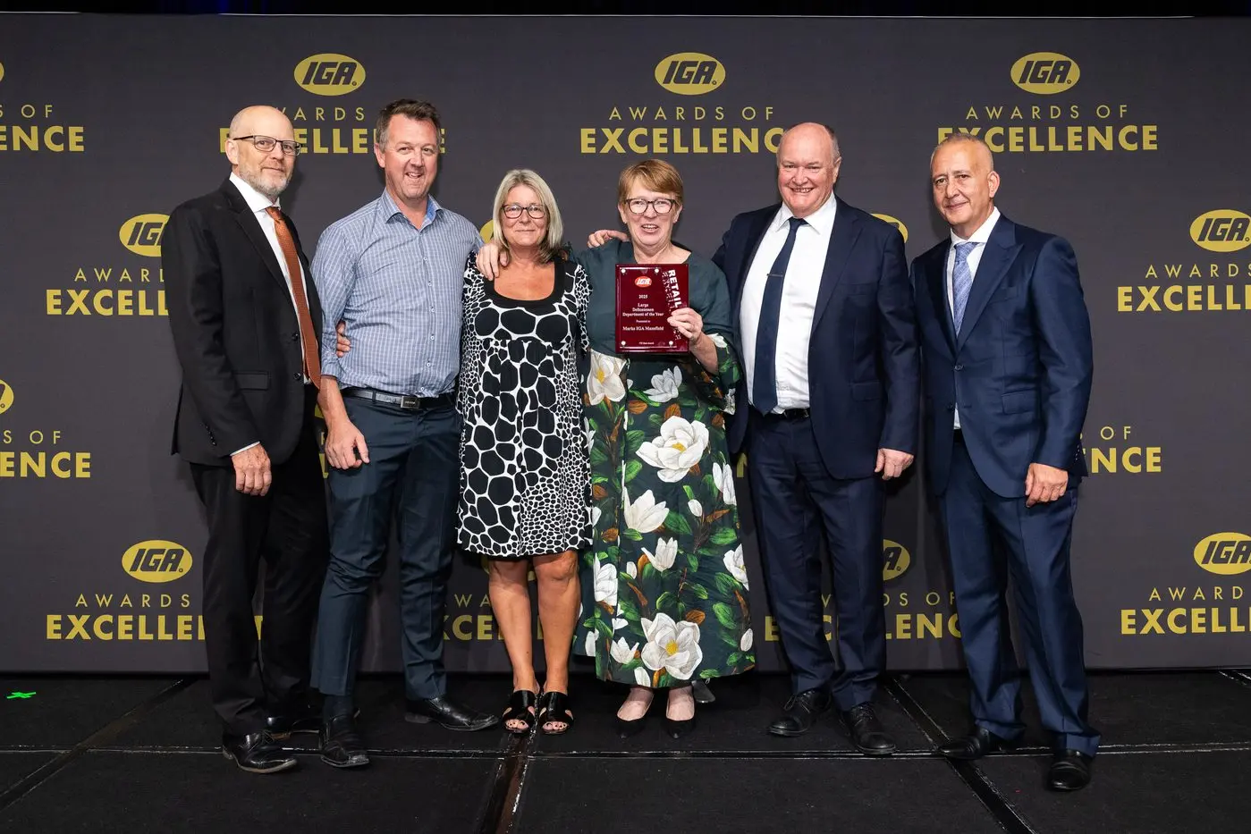 IGA AWARDS: The Mansfield supermarket won top state awards for its deli and meat departments this month. Pictured at the presentation Geoff Harper -  state board chairperson Victoria (left), Greg Marks, Leanne Bertalli, Mandy Griffin, Stephen Marks and Rob  Pistritto general manager Metcash Food and Grocery Victoria. PHOTO: Supplied