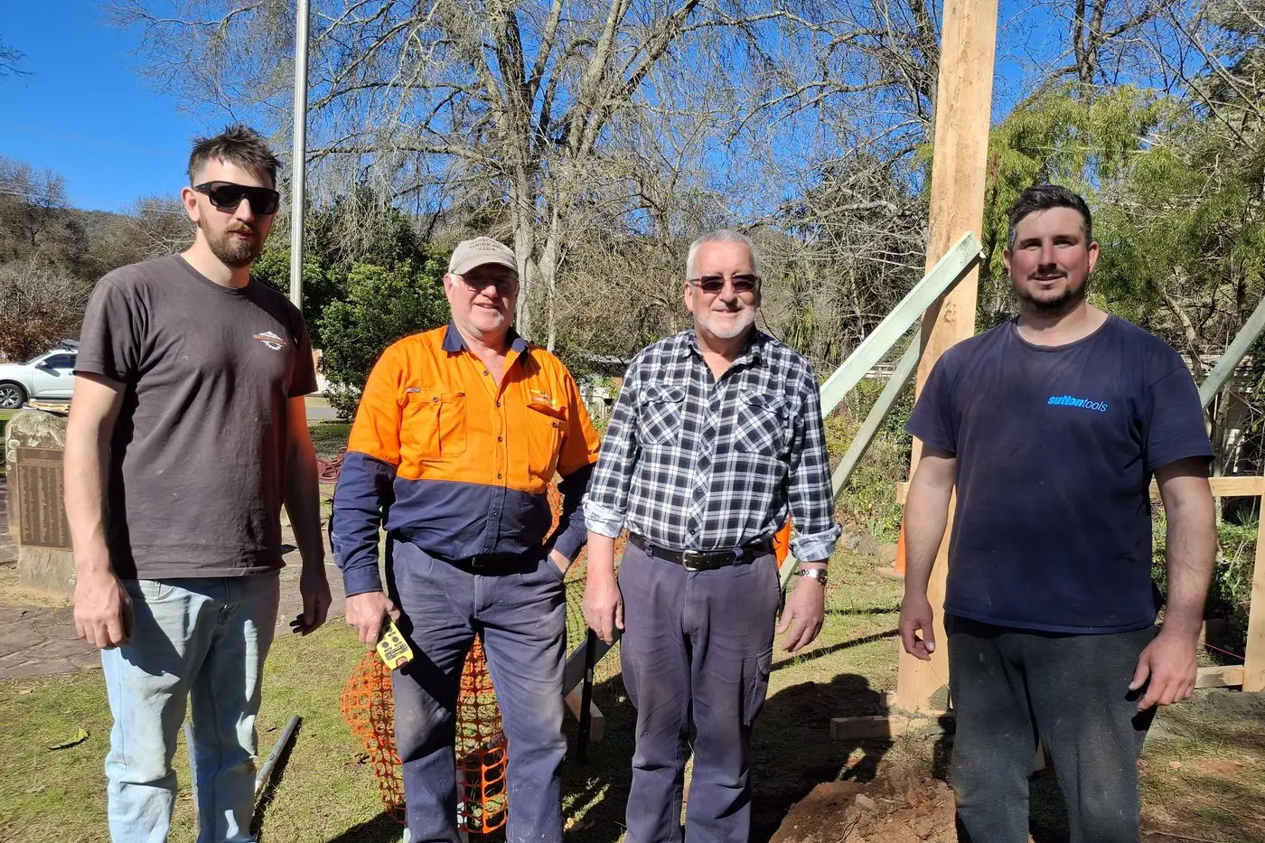 STAGE TAKING SHAPE: Work begins on the new community stage at Gerrans Reserve, Jamieson, with Ewan, Mark, Noel and Vito lending a hand on site.