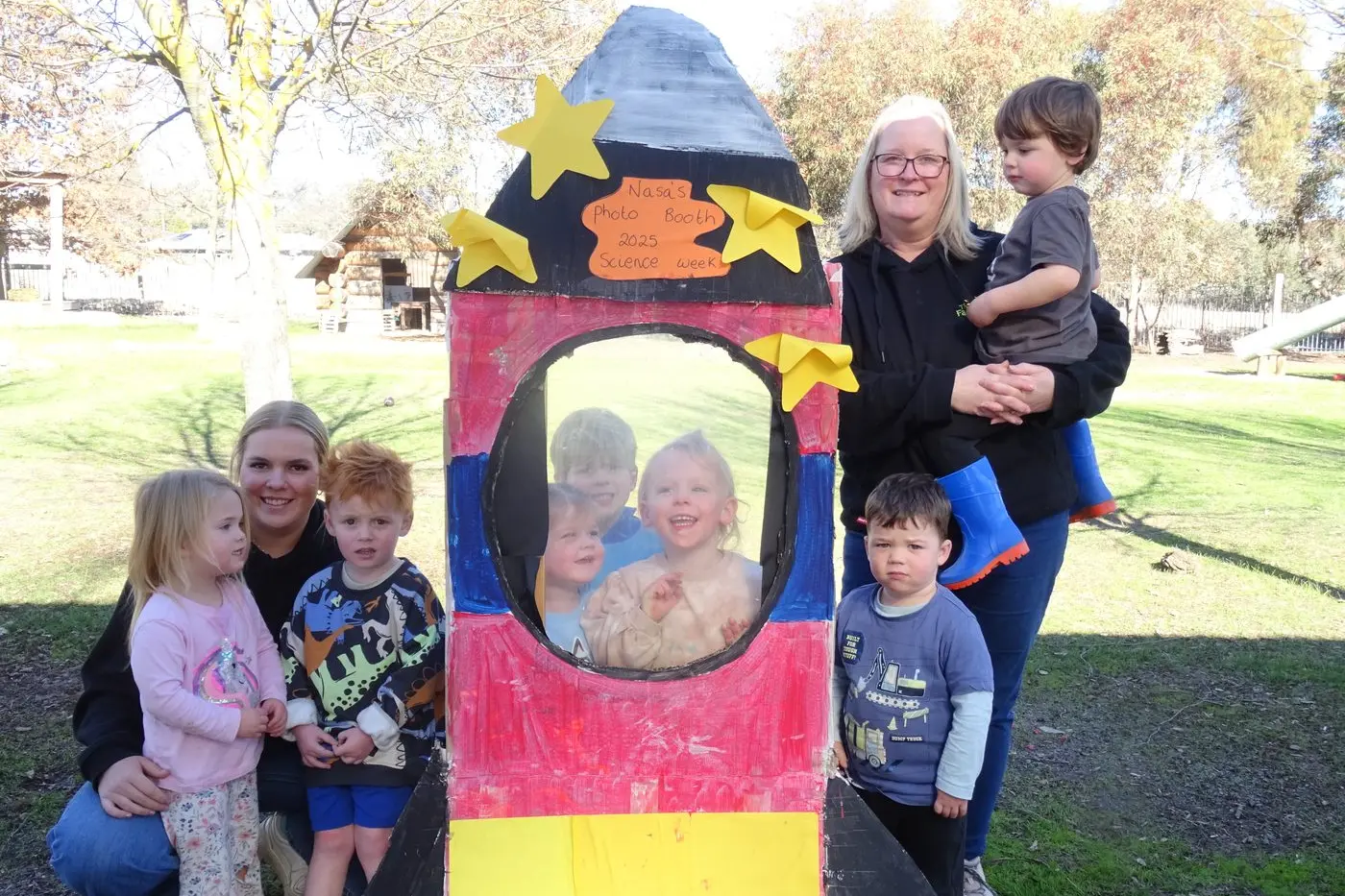 ROCKET TO THE STARS: Tilly Carroll, Educator Amelia Clegg, Oliver Shiels, Narva Norris, Tate Van den Heuvel, Vivienne Cliff, Fletcher Bloodworth, Educator Jody Horvat and Hudson Ball had fun in the rocket they built.\\n