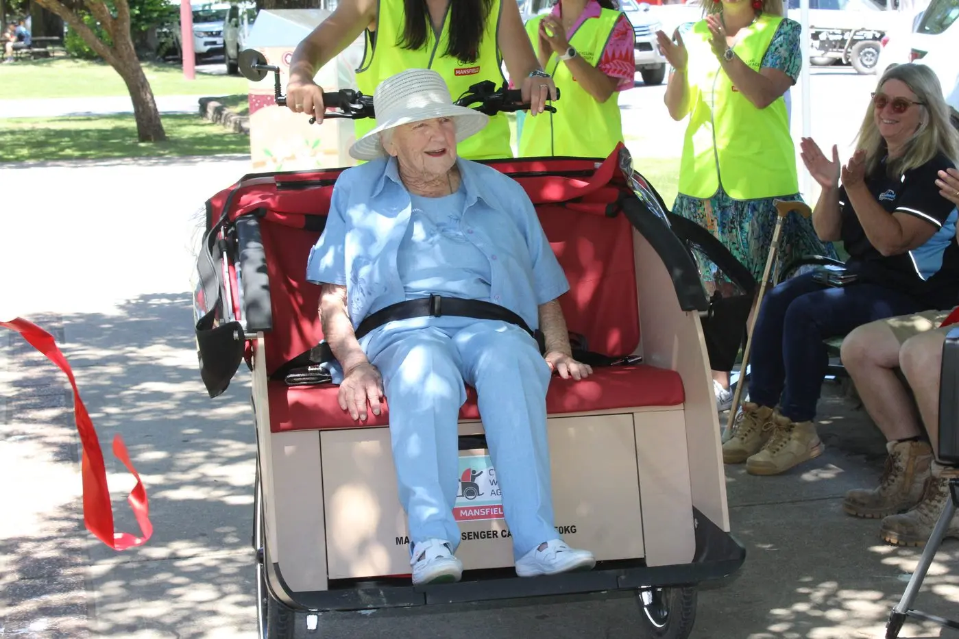 ACCESS FOR ALL: The official launch of Cycling Without Age in Mansfield was last Thursday. Marg Adcock had the honour of untying the red ribbon while riding on the \"Marg\" trishaw bike named after her. PHOTOS: Trinity Knight