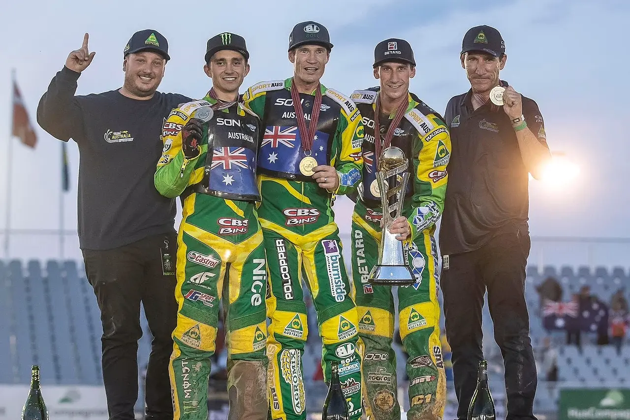 WHAT A TEAM: The Aussie speedway motorcycle team have lifted the 2022 World Cup at the World Championships in Vojens, Denmark last Saturday night. Pictured (from left) Shannon Etheridge, Jack Holder, Jason Doyle, Max Fricke and Mark Lemon. Id:28719