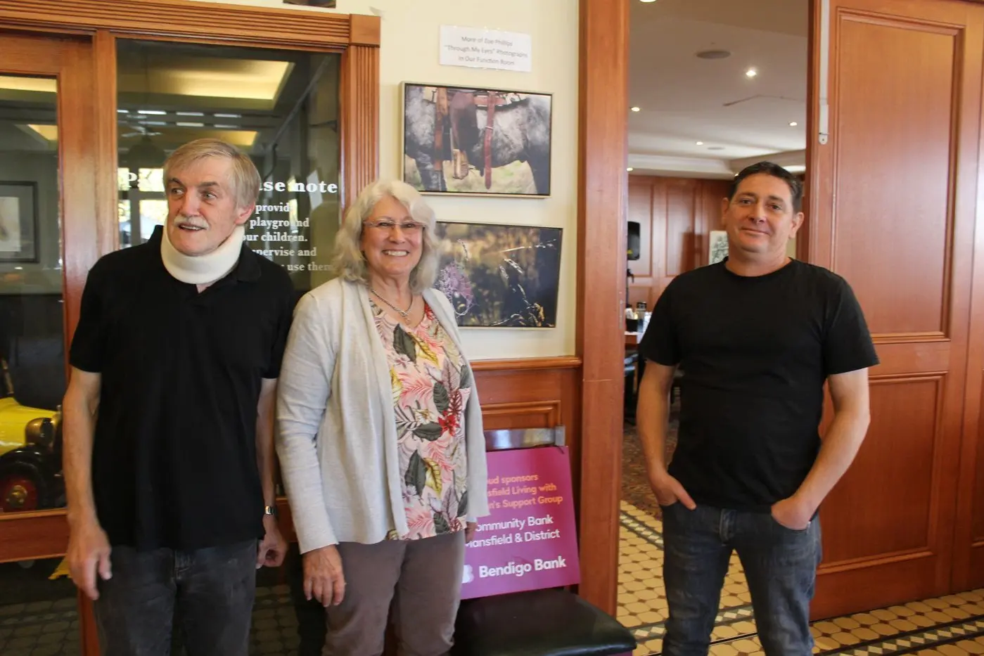 PARKINSON\\'S TRIVIA: Charles Gilbert, Lynda Moehr and Bryan Samual at the Delatite Hotel. PHOTO: Trinity Knight