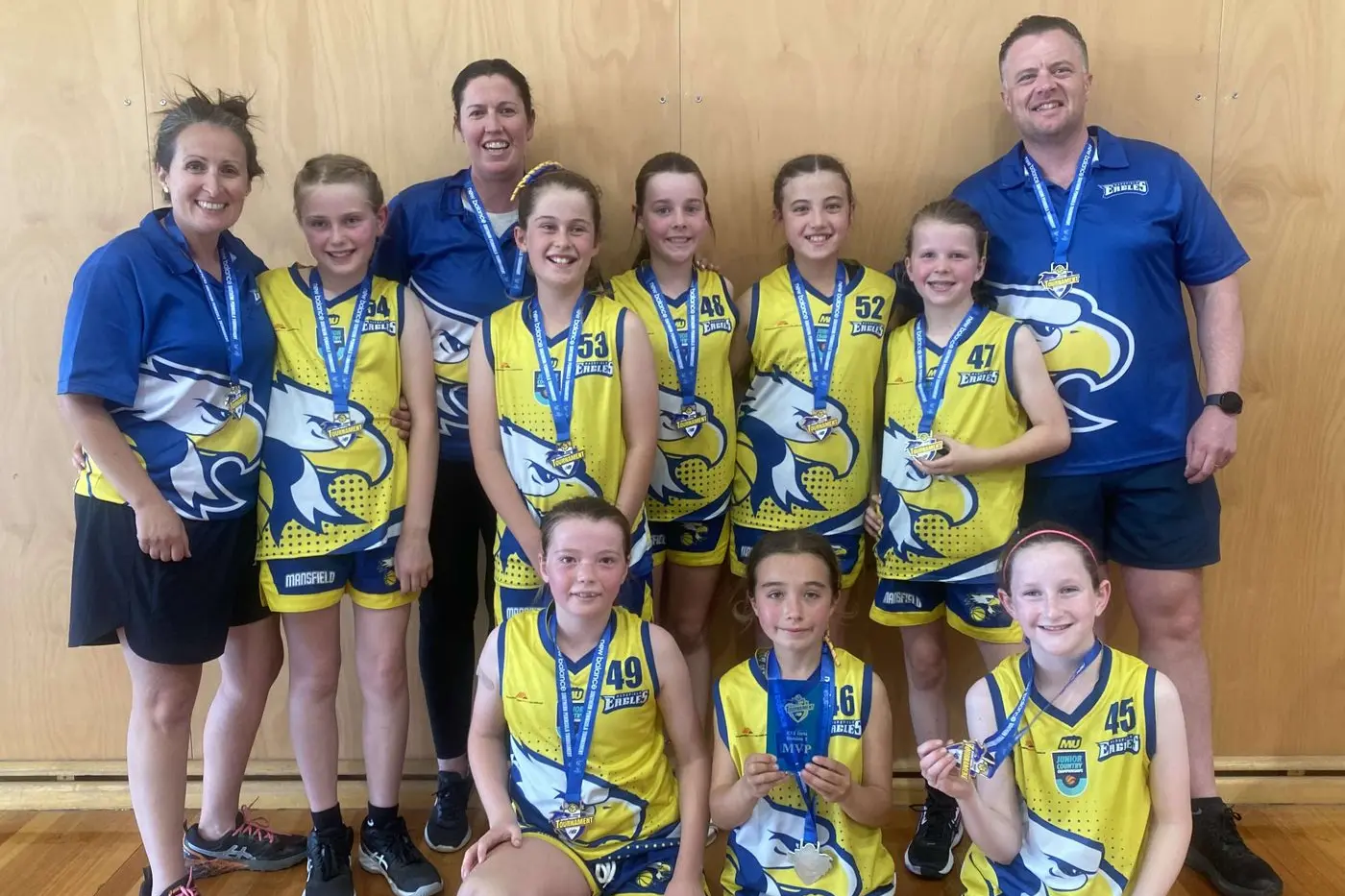 VICTORY: U12 Girls Gold Team (back row from left) coach Nadia Gardner, Heidi Speirs, team manager Bec Mills, Grace Michael, Kate Mercieca, Sammy Nelly, Macey Stevenson, assistant coach Ben Nelly. (front row from left) Tayla Mills, Scout Gardner, Quinn Walsh.