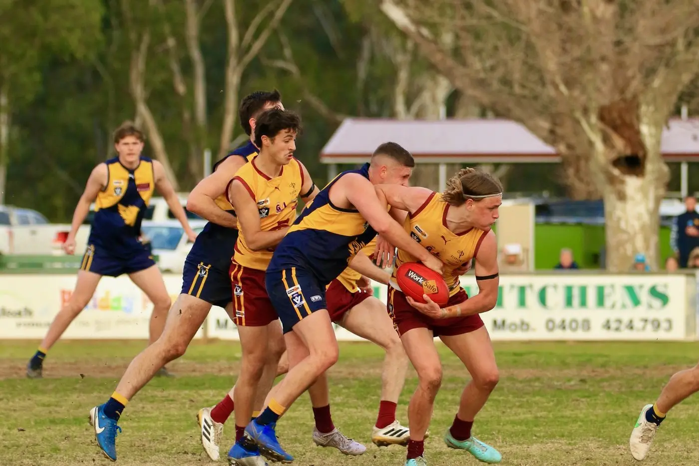 CONTANT PRESSURE: Mitch Lewis applies the trademark pressure that has seen Mansfield establish a double chance for a spot in the Goulburn Valley League\\'s 2025 Grand Final. PHOTO: Paul Martin