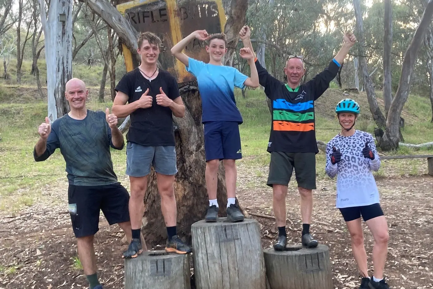 THE TIME TRIAL PODIUM: (from left) Tim Ross, Tom Logan-Williams, Ben Ross, Damian Grundy and Nicole Hoebergen. PHOTO: Bruce Halket