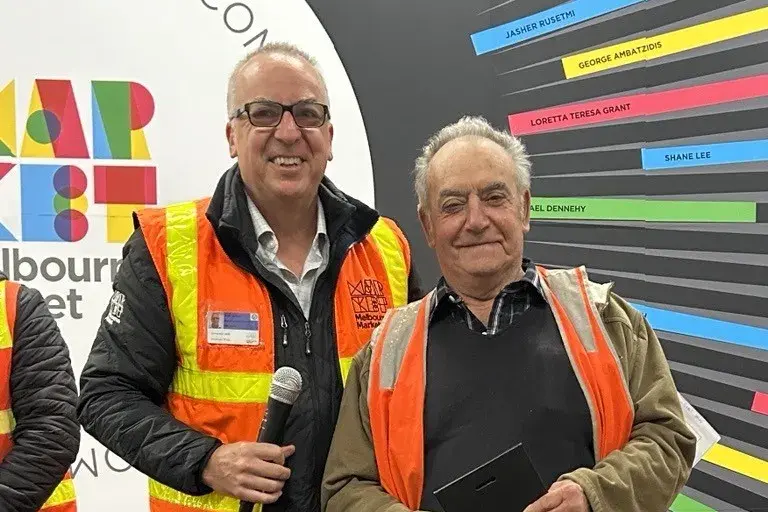 <p>RECOGNITION: Mansfield\\'s Leon Pezzimenti with Melbourne Market CEO Mark Maskiell </p>\\n