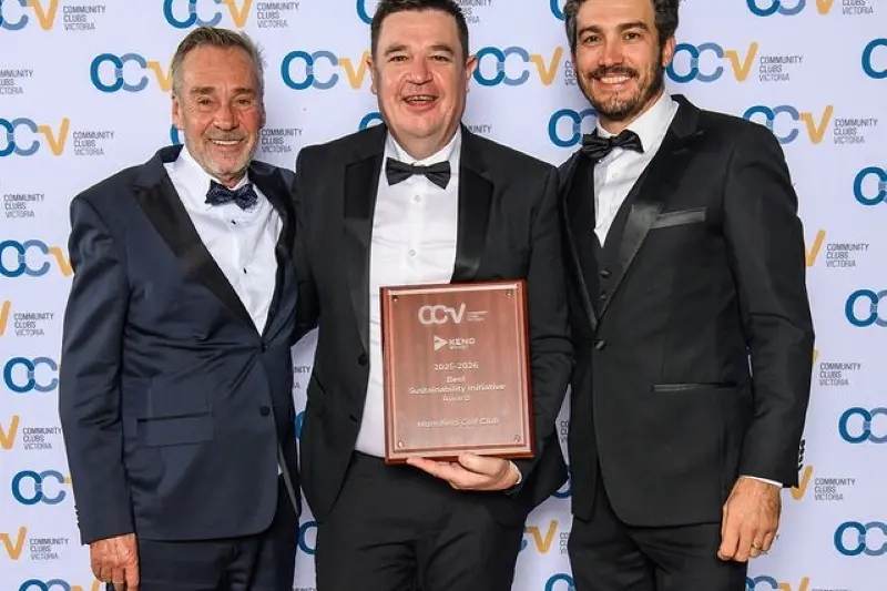 <p>Daryl Horwood, Chelton Crow and Matt Jager accept the Best Sustainability Initiative Award</p>\\n