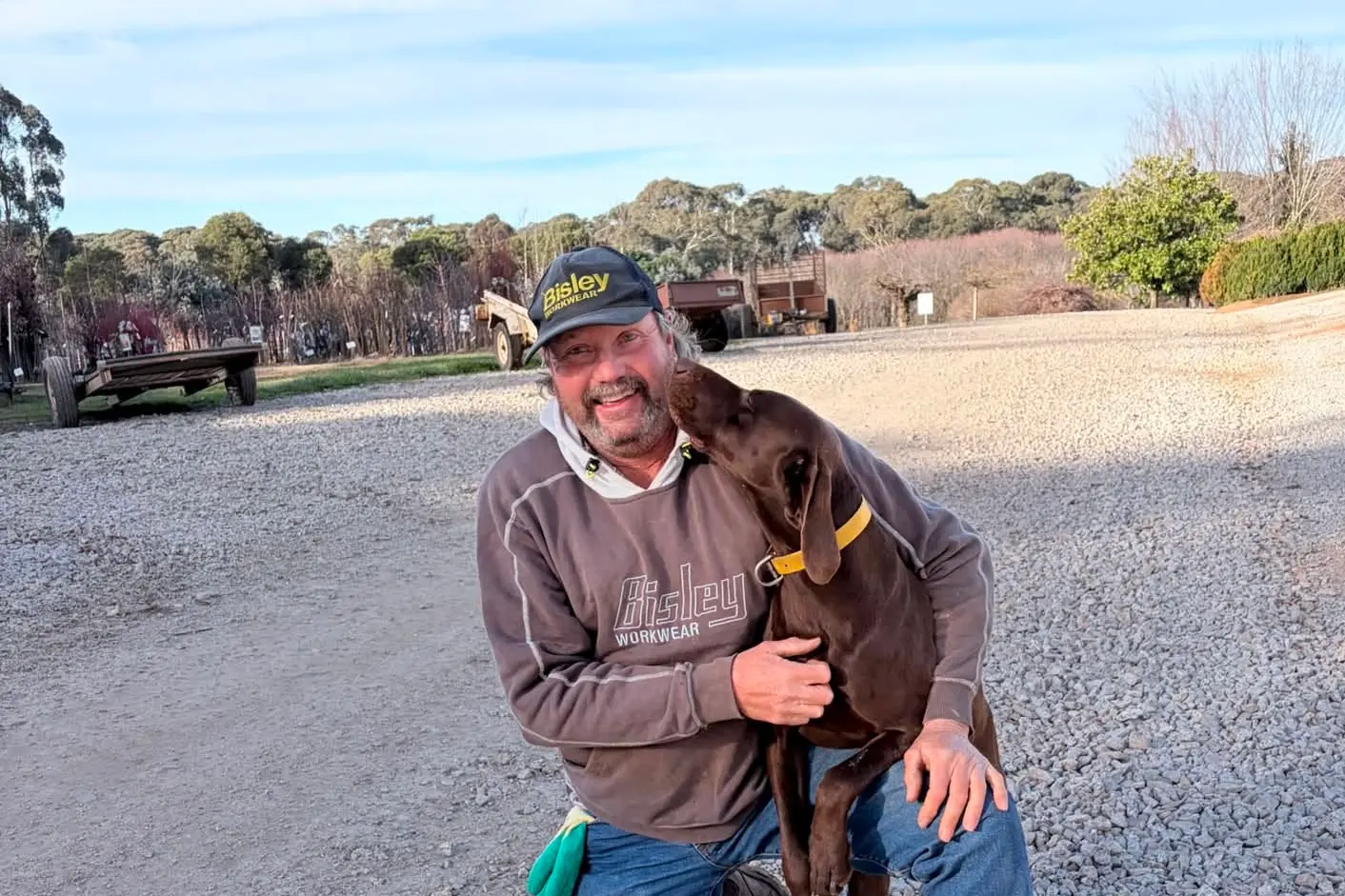 <p>REWARD OFFERED: Tom Powell with family dog Daisy, who was shot on his property on 15 May.</p>\\n