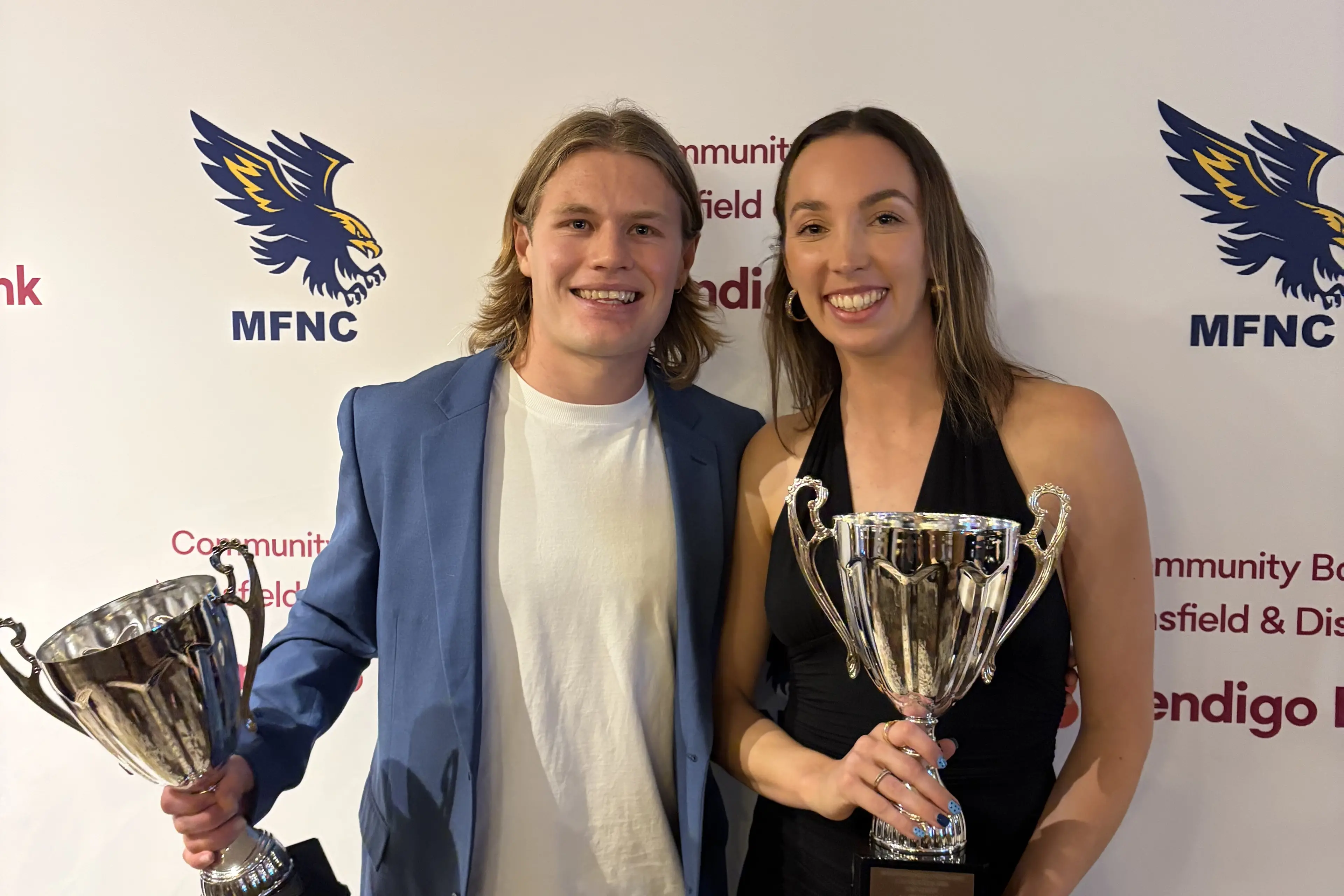 <p>TOP EAGLES: Seniors footballer Sam Thomson and A grade netballer Alex Ball took home b&f\\'s</p>\\n